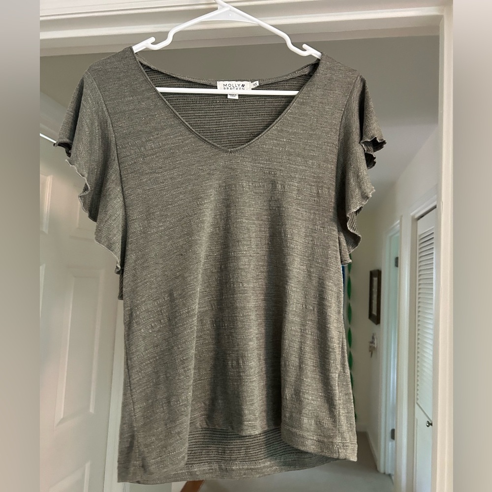 Molly Bracken ruffle sleeve top- olive green, size XS